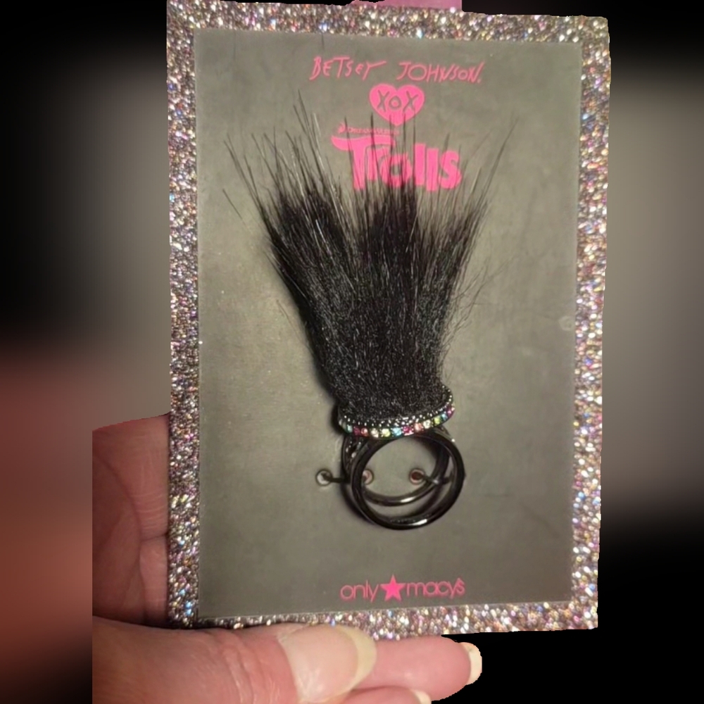 Betsey Johnson Macys 2016 Trolls gunmetal rhinestone blk hair Trolls ring 8 NWT - Picture 12 of 17